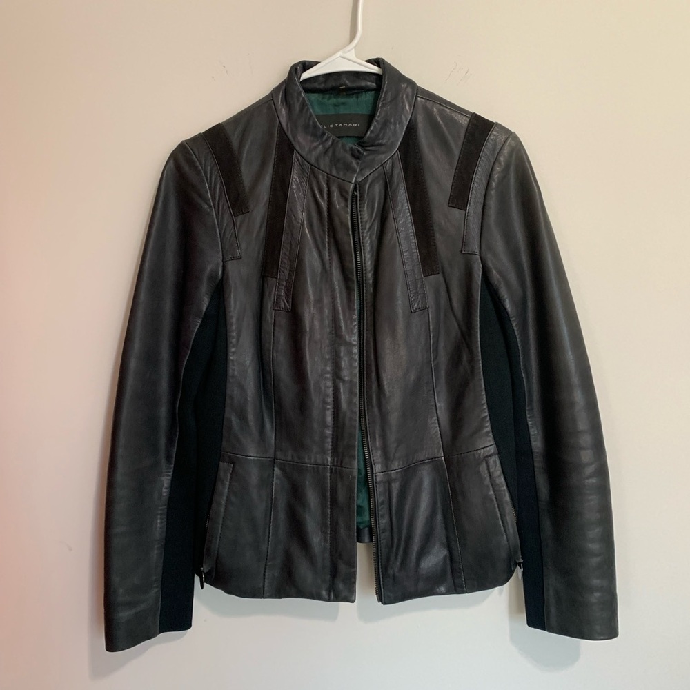 Elie Tahari Black Genuine Lamb Leather Jacket Women XS Edgy Minimalist Modern